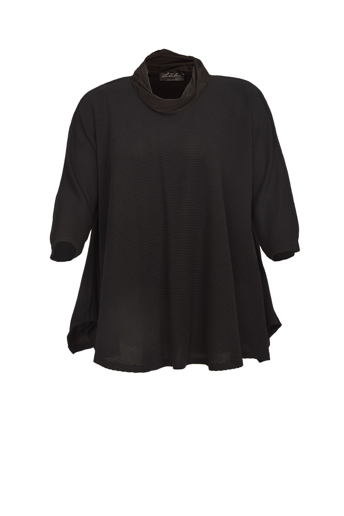 Kuscheliger schwarzer Baumwoll-Pullover mit Taft-Stehkragen.