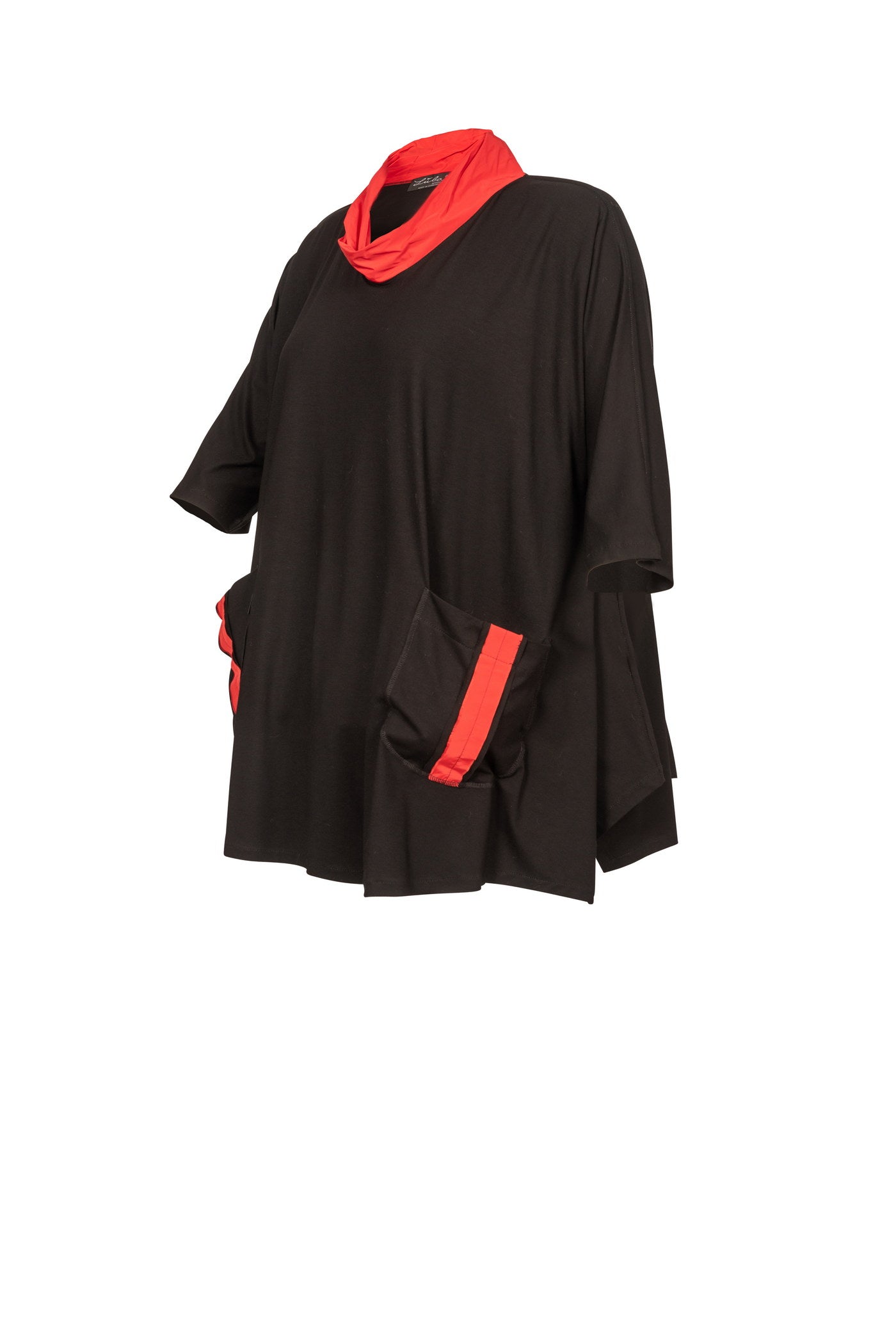 Ausgefallene Jersey-Tunika mit rotem Taft-Kragen und rote Deko-Streifen an den Taschen. (Copy)