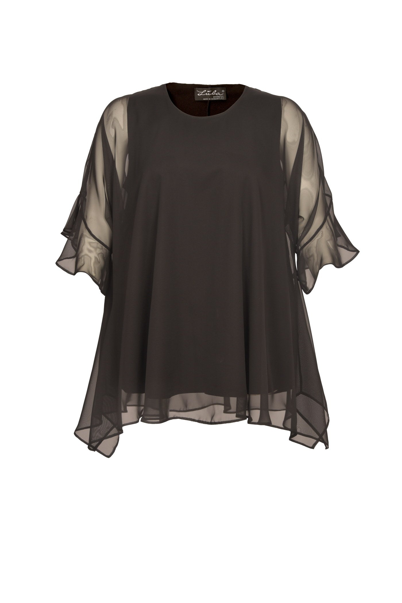 Ausgefallene schwarze Chiffon-Tunika mit eingearbeitetem Jersey-Top.