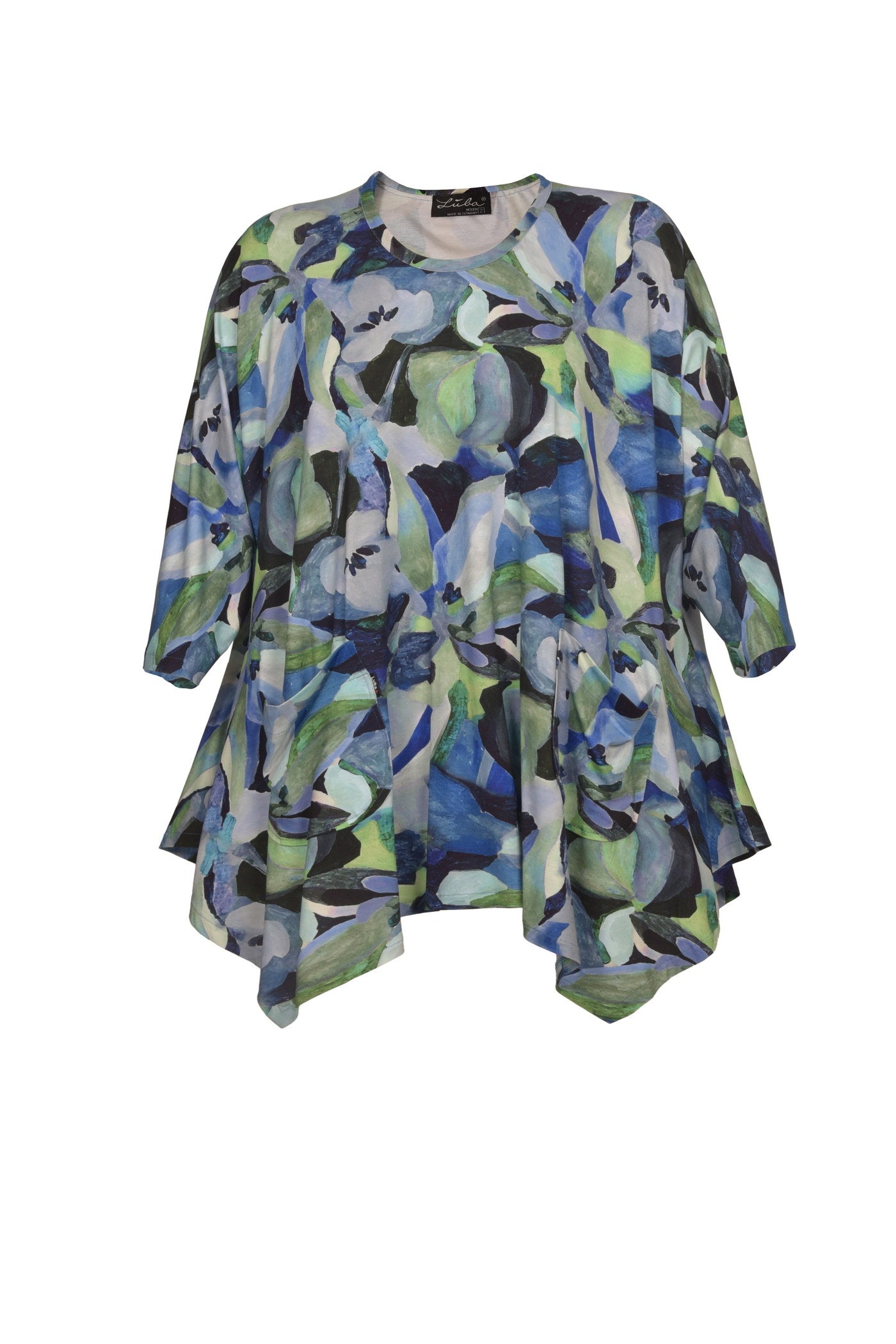 Elegante Jersey-Tunika mit Flower-Print, aus gedeckten blauen Farbmuster.