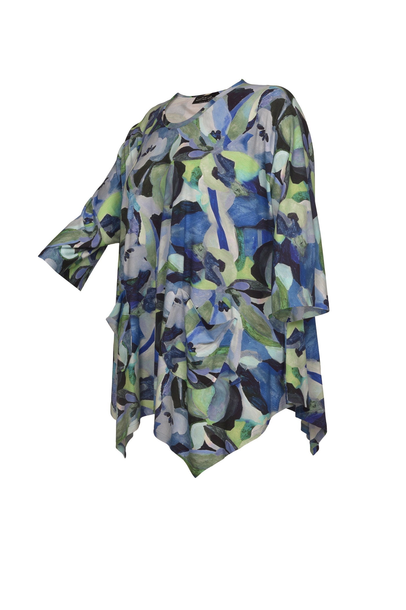 Elegante Jersey-Tunika mit Flower-Print, aus gedeckten blauen Farbmuster.