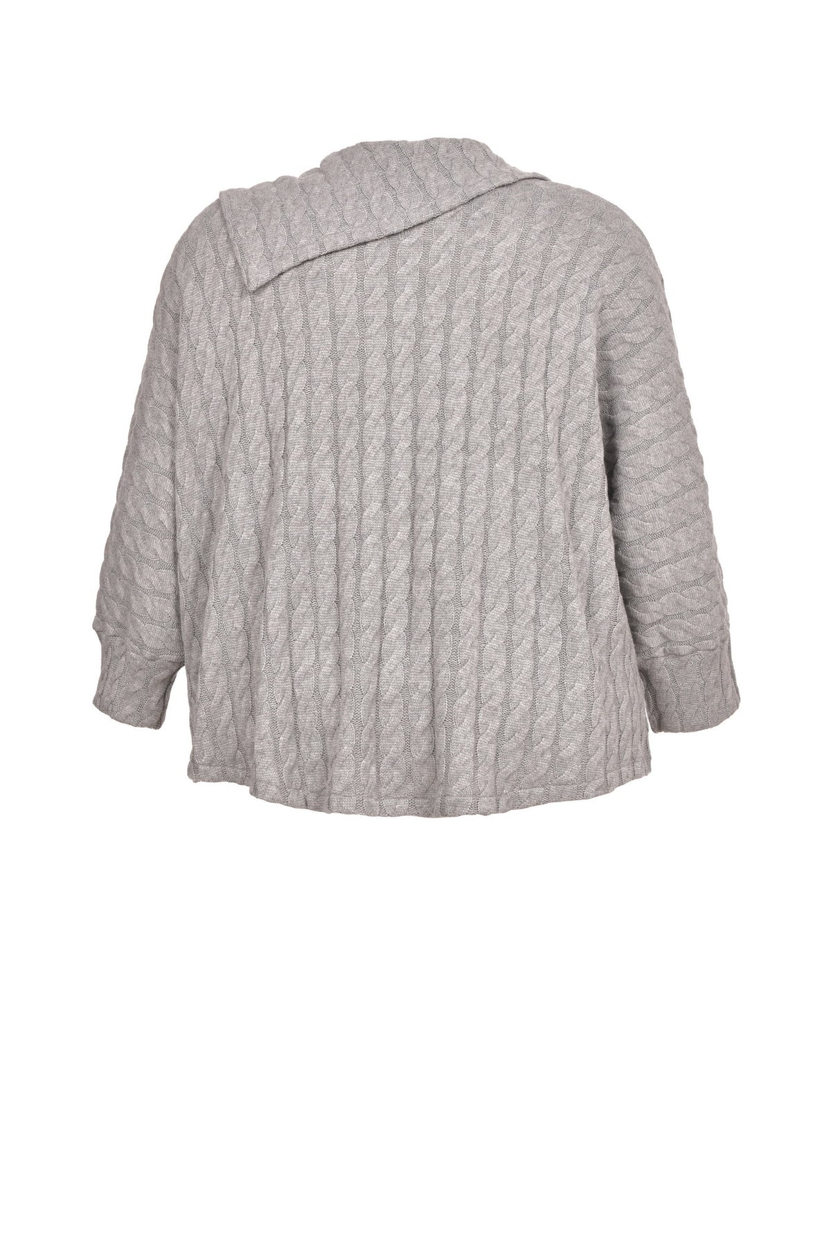 Grauer Zopf-Pullover mit Bündchen und asymmetrischem Kragen  – große Größen.