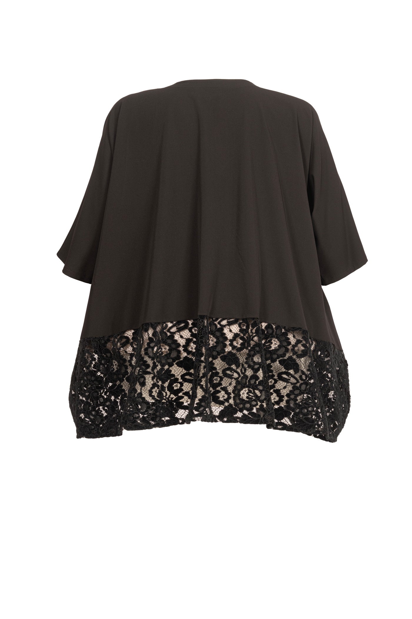 Elegante schwarze Tunika mit Spitzeneinsatz am Saum mit weißem hintergrund und ansicht von hinten