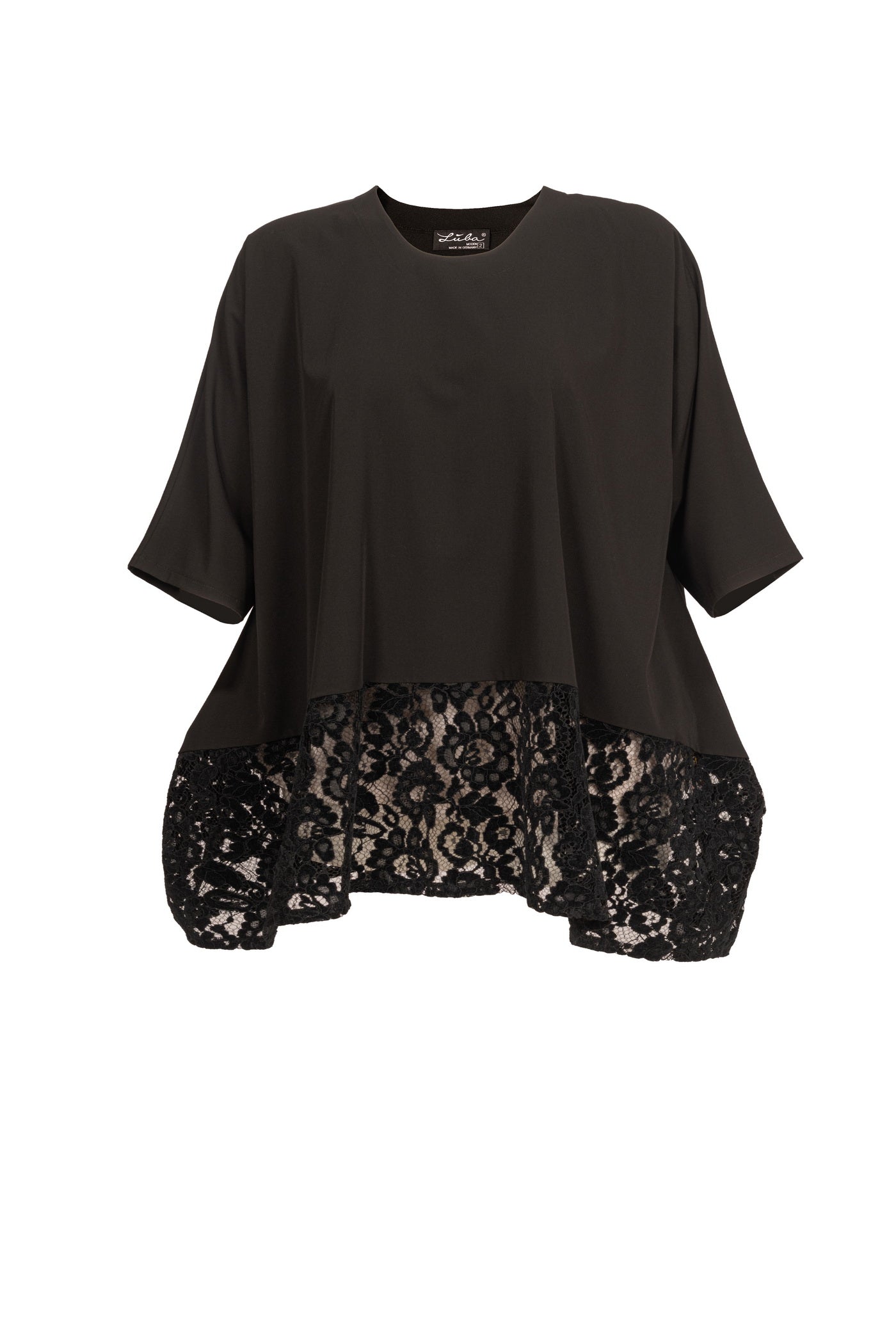 Elegante schwarze Tunika mit Spitzeneinsatz am Saum ansicht von vorne
