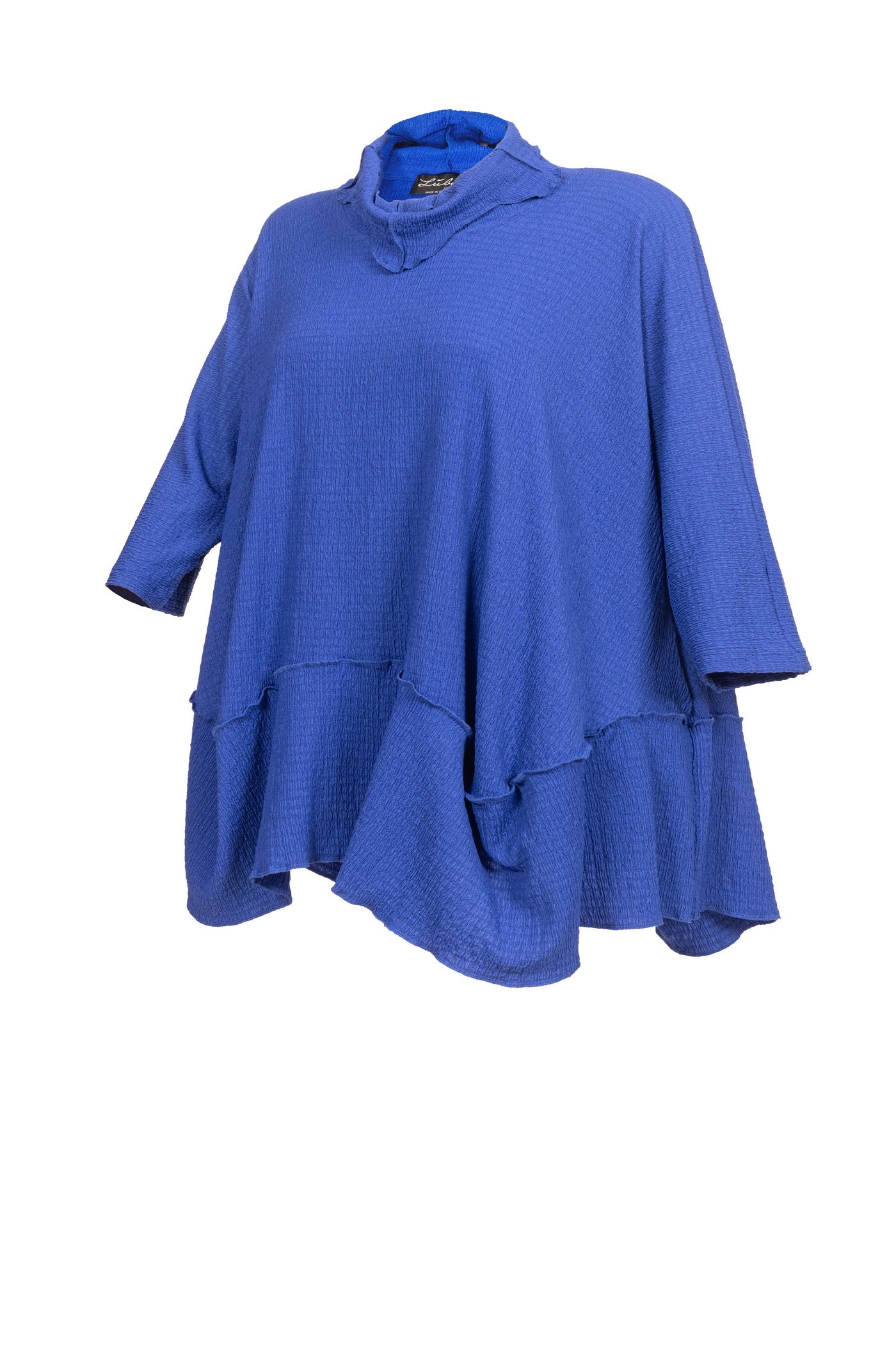 Royal-Blaue Crinkle-Tunika mit Volant Saum, ausgefallene mode in großen größen von LubaModen, ansicht von der seite