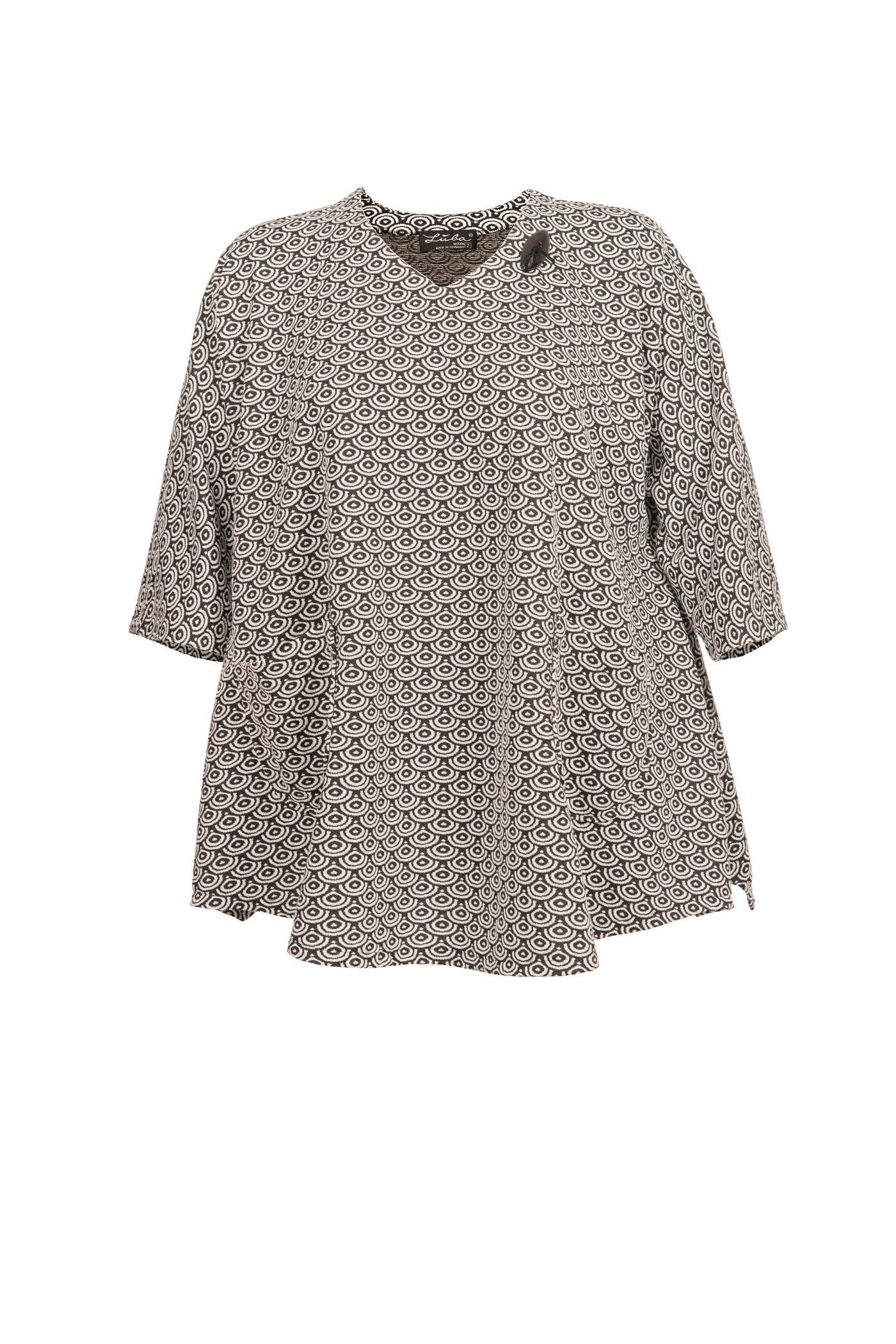 Schwarz-Weiße Jacquard Tunika mit Knopf für mollige damen, ansicht von vorne