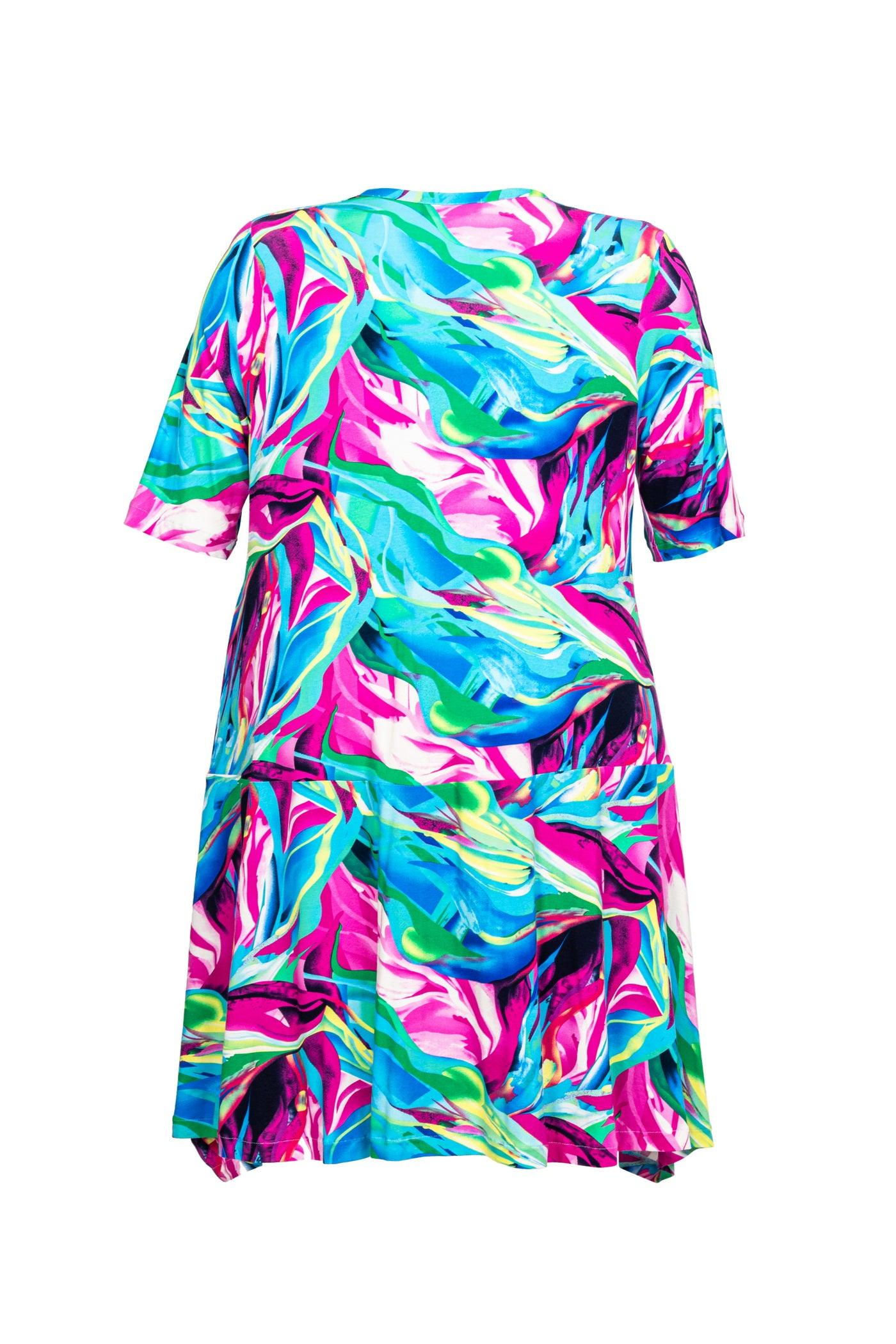 Blau-pink-grün-weißes Jersey-Viskose-Kleid mit Flower-Print - Rückansicht