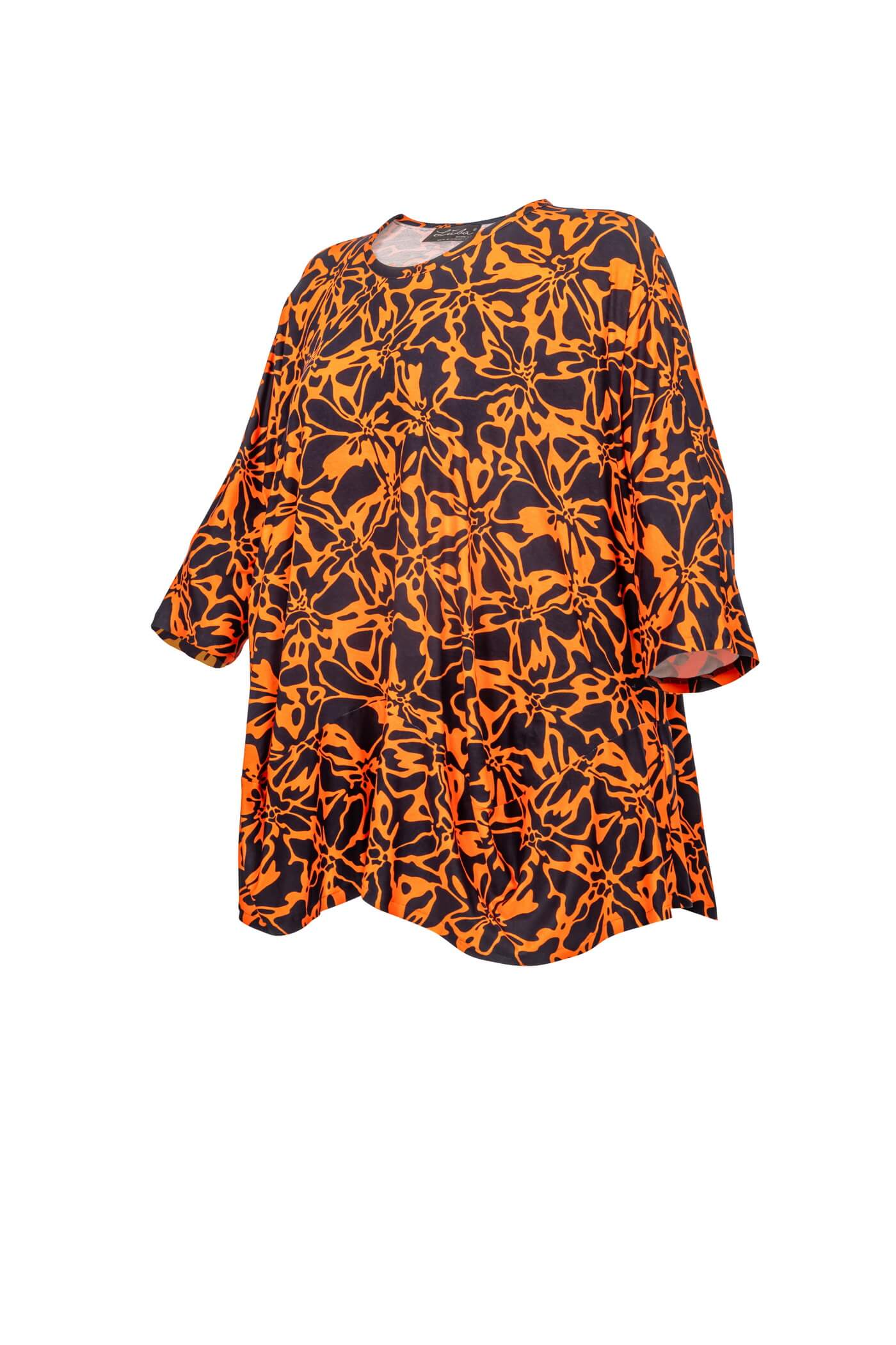 Modische Jersey-Tunika mit Allover-Print, A-Linie, Rundhalsausschnitt und langen Ärmeln, 86 cm lang, Schwarz-Orange