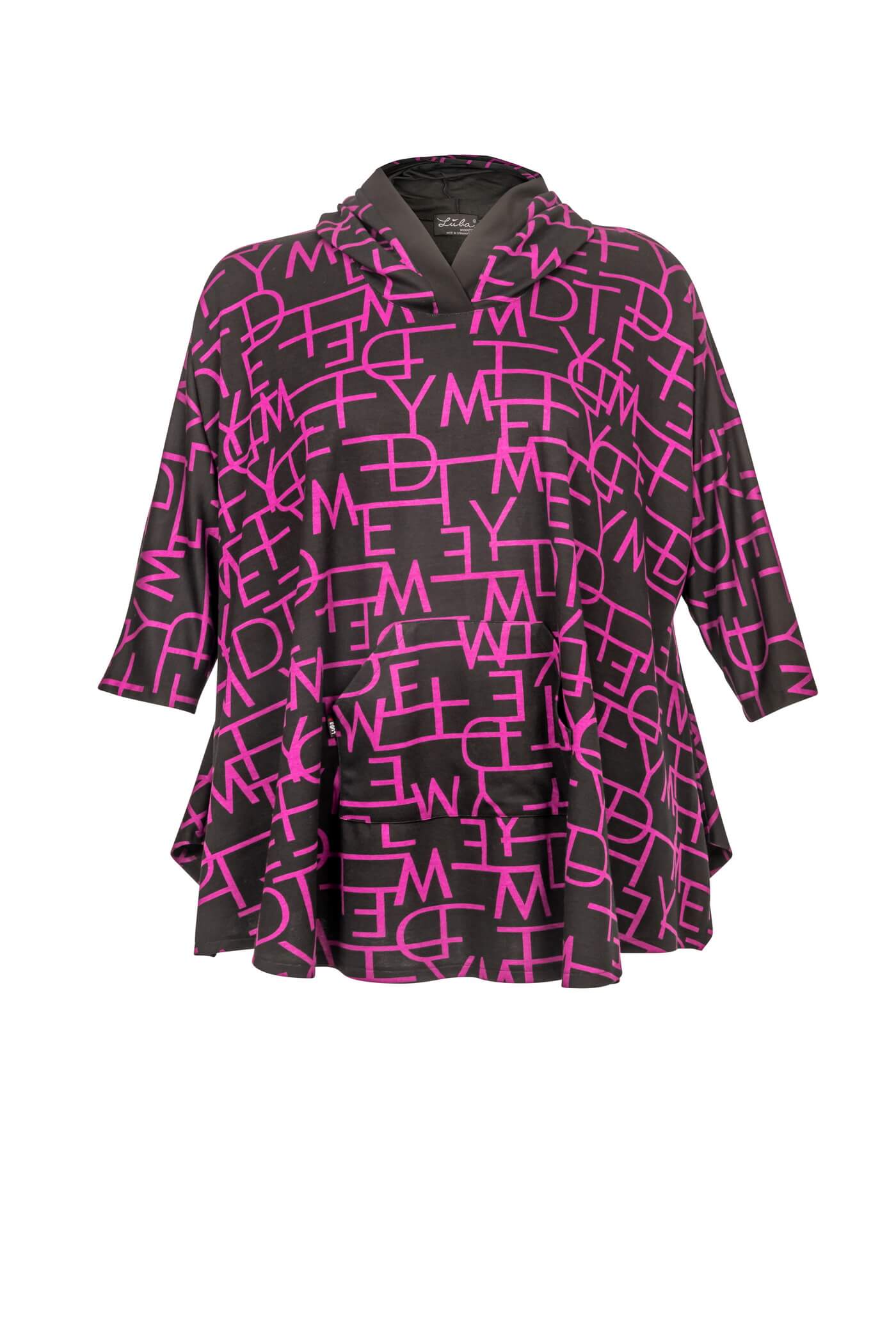 Modische Jersey-Tunika-Hoody mit Allover-Print, A-Linie, Kapuze und langen Ärmeln, 93 cm lang, Schwarz-Pink.