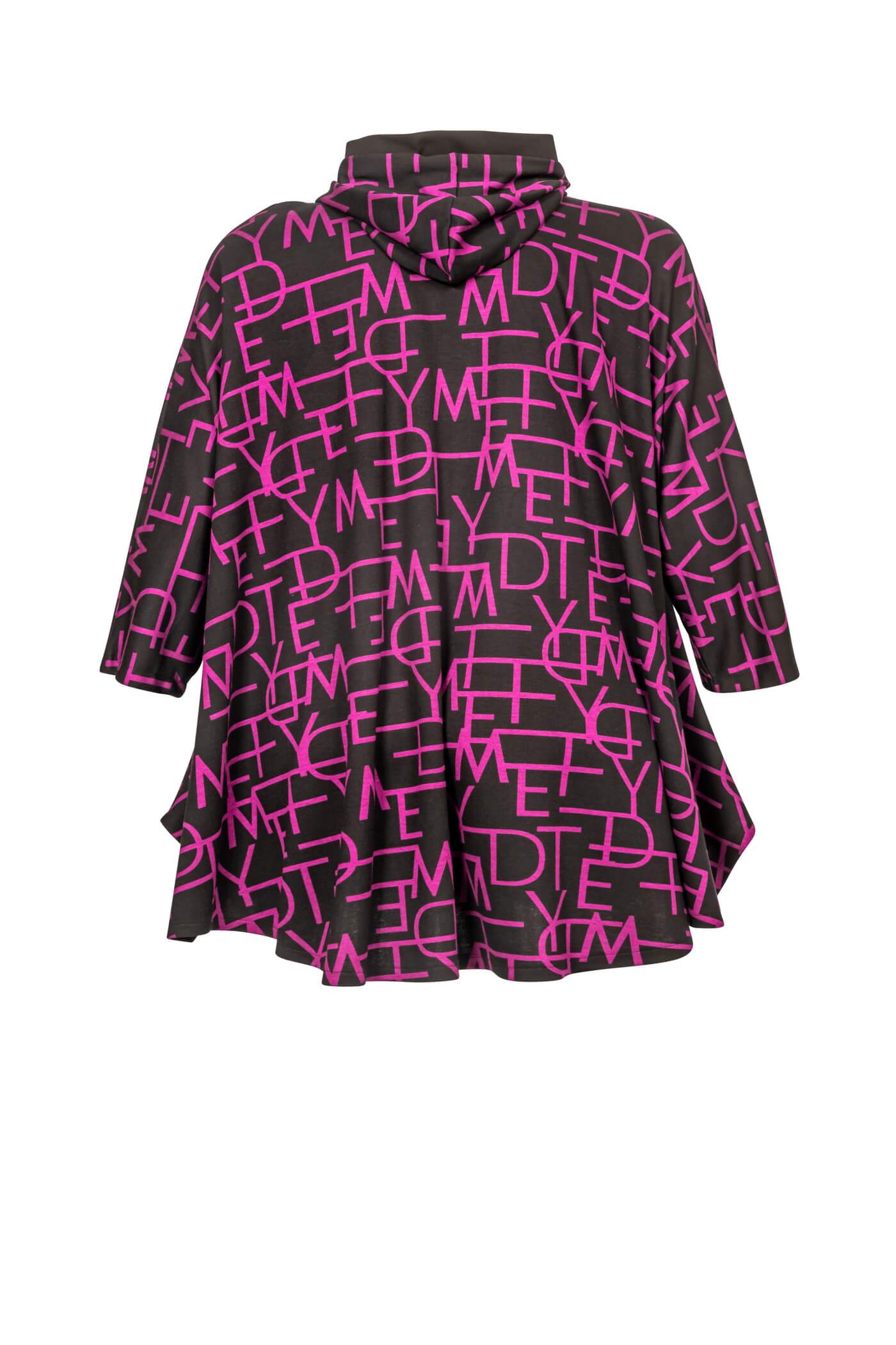 Rückansicht der Jersey-Tunika-Hoody in A-Linie, zeigt die Länge von 93 cm und den Schwarz-Pink Allover-Print.