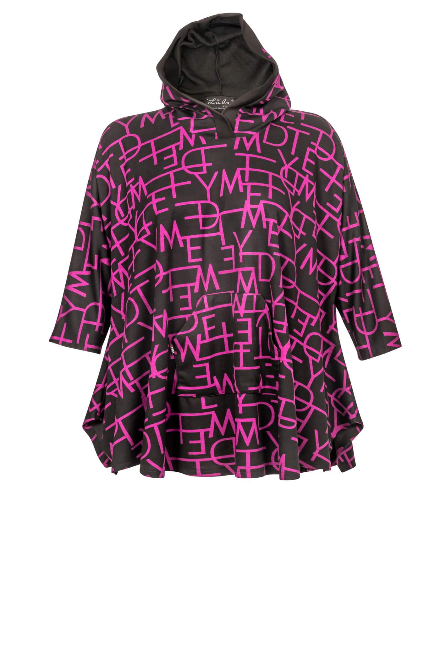 Jersey-Tunika-Hoody mit langen Ärmeln und Kapuze, ideal für Damen in großen Größen, 93 cm lang, Schwarz-Pink.