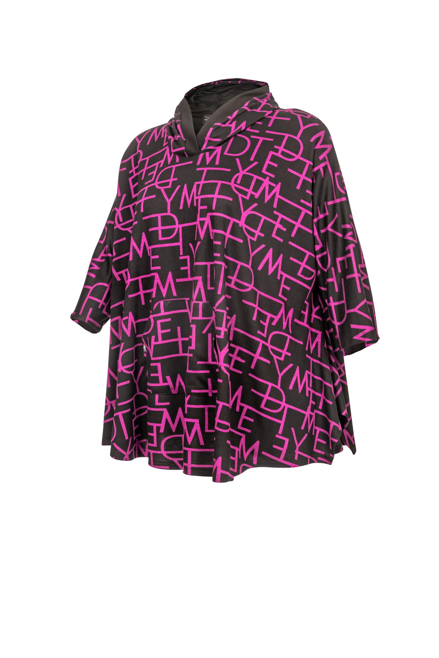 Detailansicht der Jersey-Tunika-Hoody, zeigt den Schwarz-Pink Allover-Print und die Kapuze.