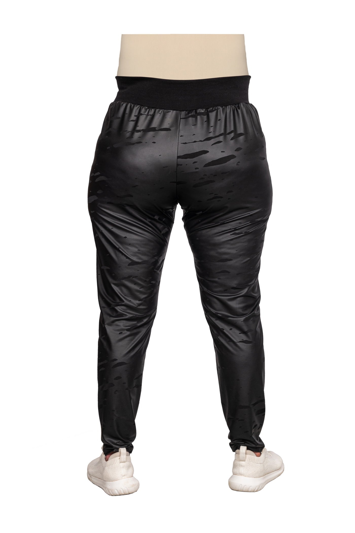 Schwarze Jersey-Leggings mit Lederimitat und Strickmuster - Rückansicht